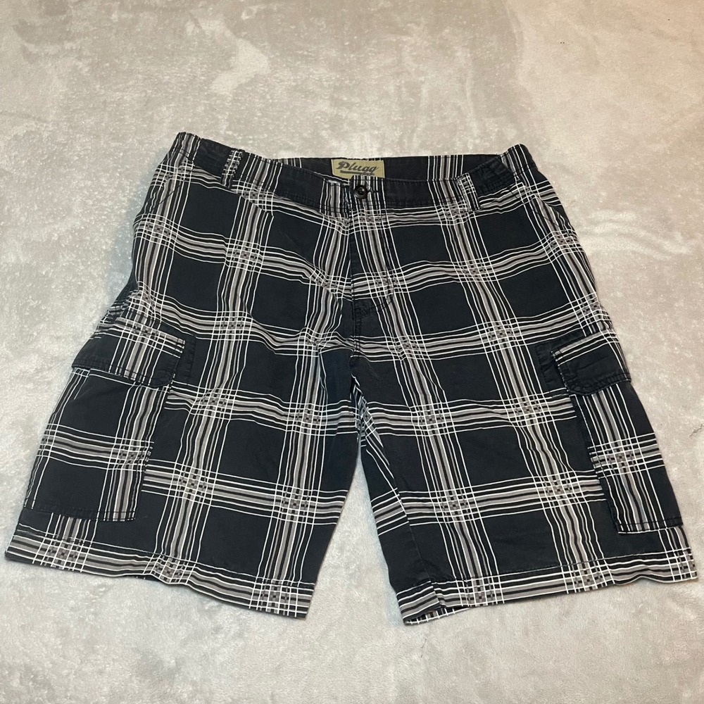 Vintage Plugg Mens Cargo Shorts Size 38 Black Gray White Plaid Y2K Streetwear